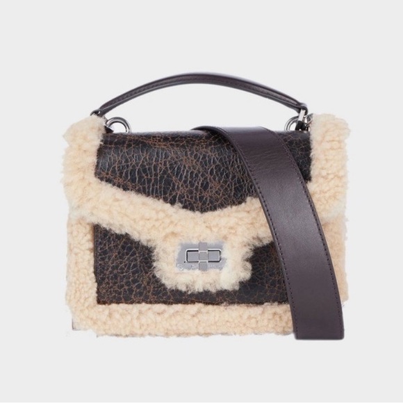 The Kooples Handbags - NEW The Kooples Leather Shearling Trim Emily Crossbody Chocolate Brown Purse